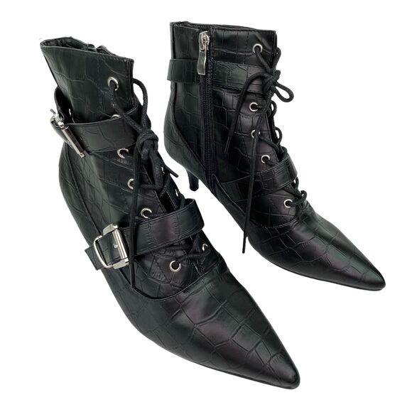 Truffle Collection Faux Leather Croc Embossed Buckle Lace Boots UK 4 US 6 - Picture 2 of 7